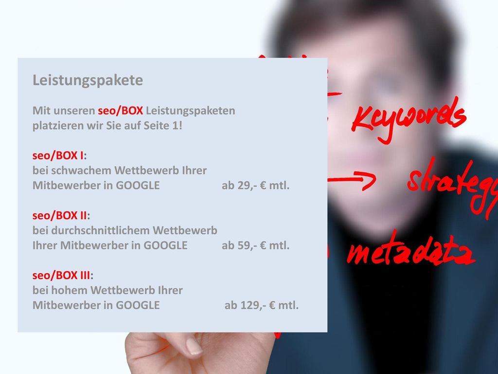 Leistungspakete Mit unseren seo/BOX Leistungspaketen platzieren wir Sie auf Seite 1! seo/BOX I: