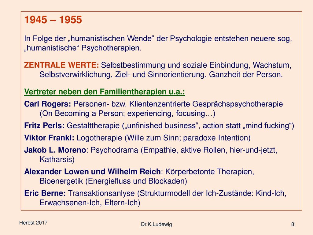 1945 – 1955 In Folge der „humanistischen Wende der Psychologie entstehen neuere sog. „humanistische Psychotherapien.