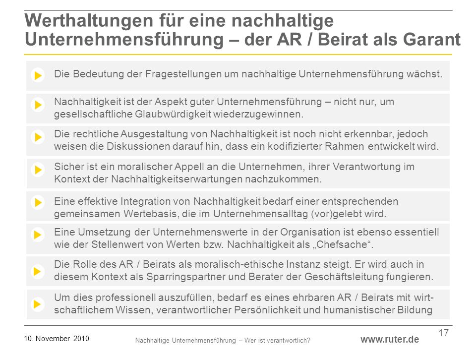 Werthaltungen für eine nachhaltige Unternehmensführung – der AR / Beirat als Garant