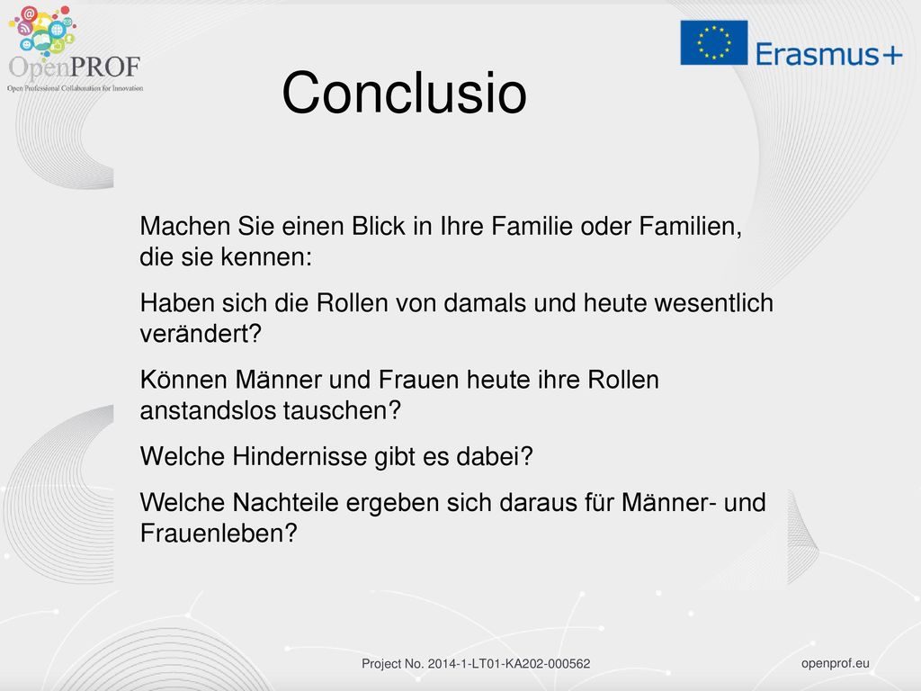 Conclusio Machen Sie einen Blick in Ihre Familie oder Familien, die sie kennen: Haben sich die Rollen von damals und heute wesentlich verändert