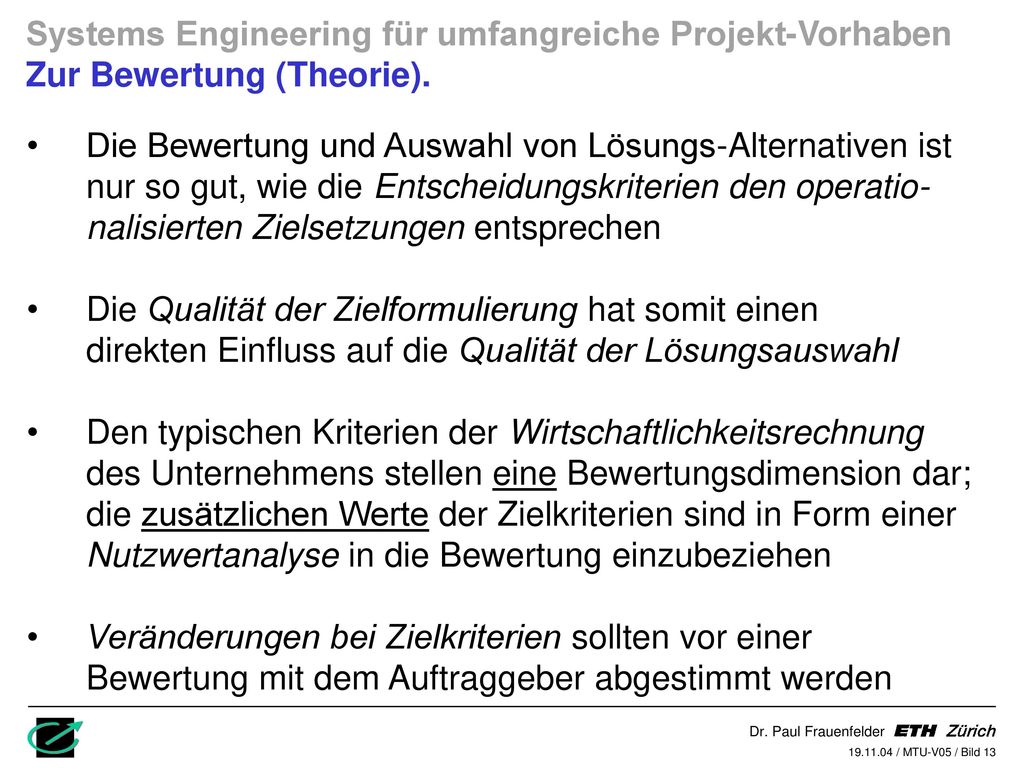 Systems Engineering für umfangreiche Projekt-Vorhaben Zur Bewertung (Theorie).