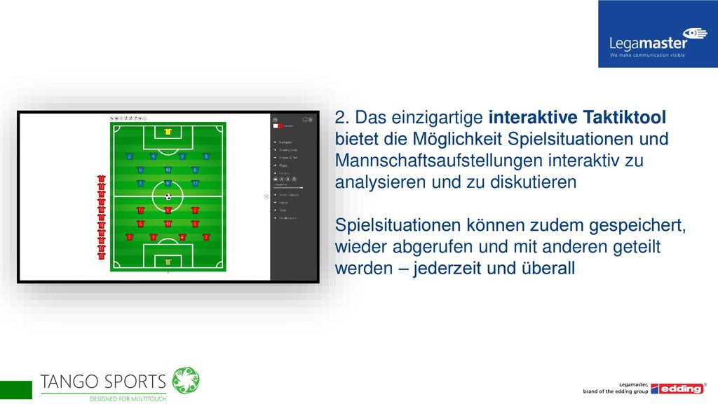 2. Das einzigartige interaktive Taktiktool bietet die Möglichkeit Spielsituationen und Mannschaftsaufstellungen interaktiv zu analysieren und zu diskutieren