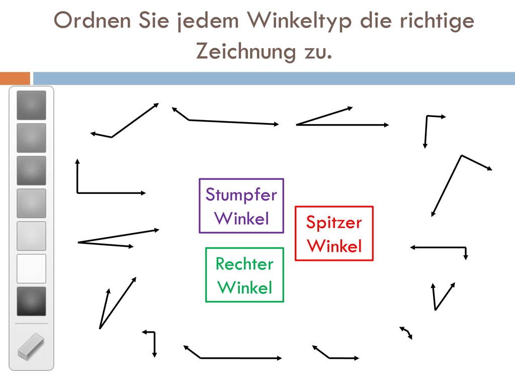 Kreisen Sie die stumpfen Winkel rot, die spitzen Winkel grün und die rechten Winkel blau ein.