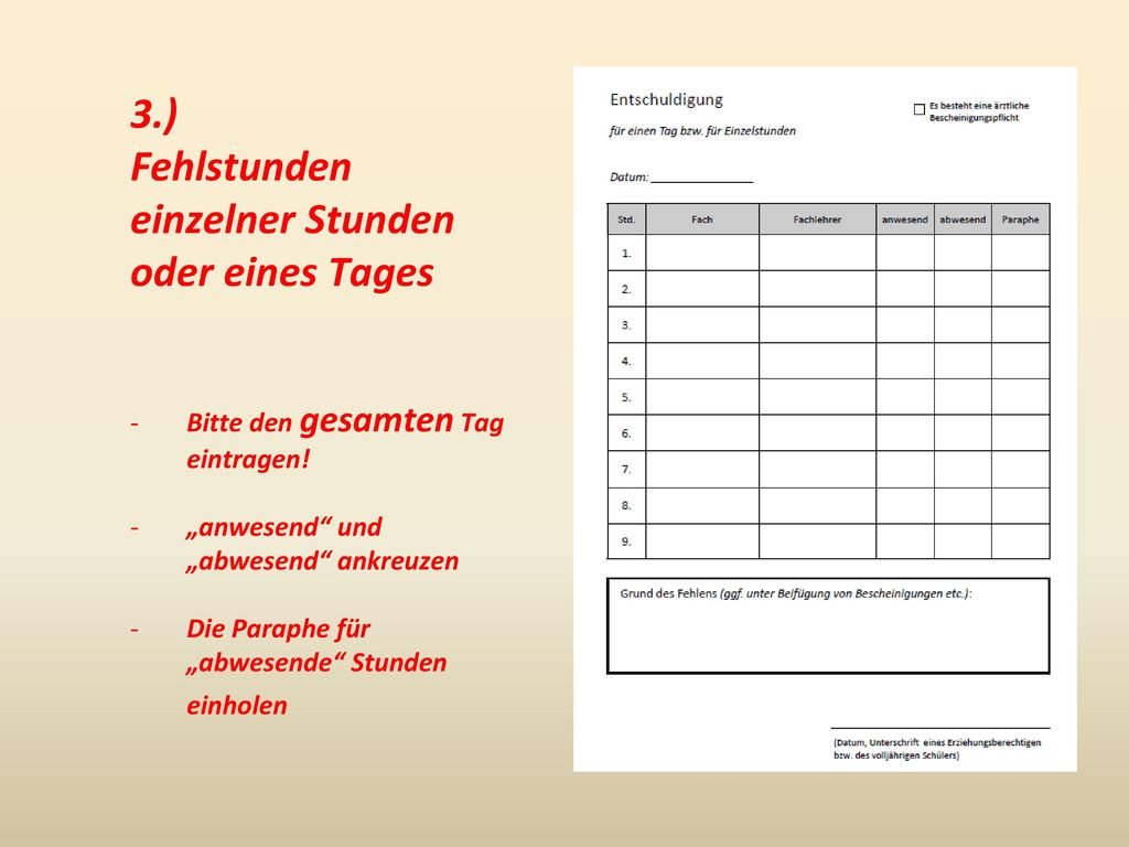 Fehlstunden einzelner Stunden oder eines Tages
