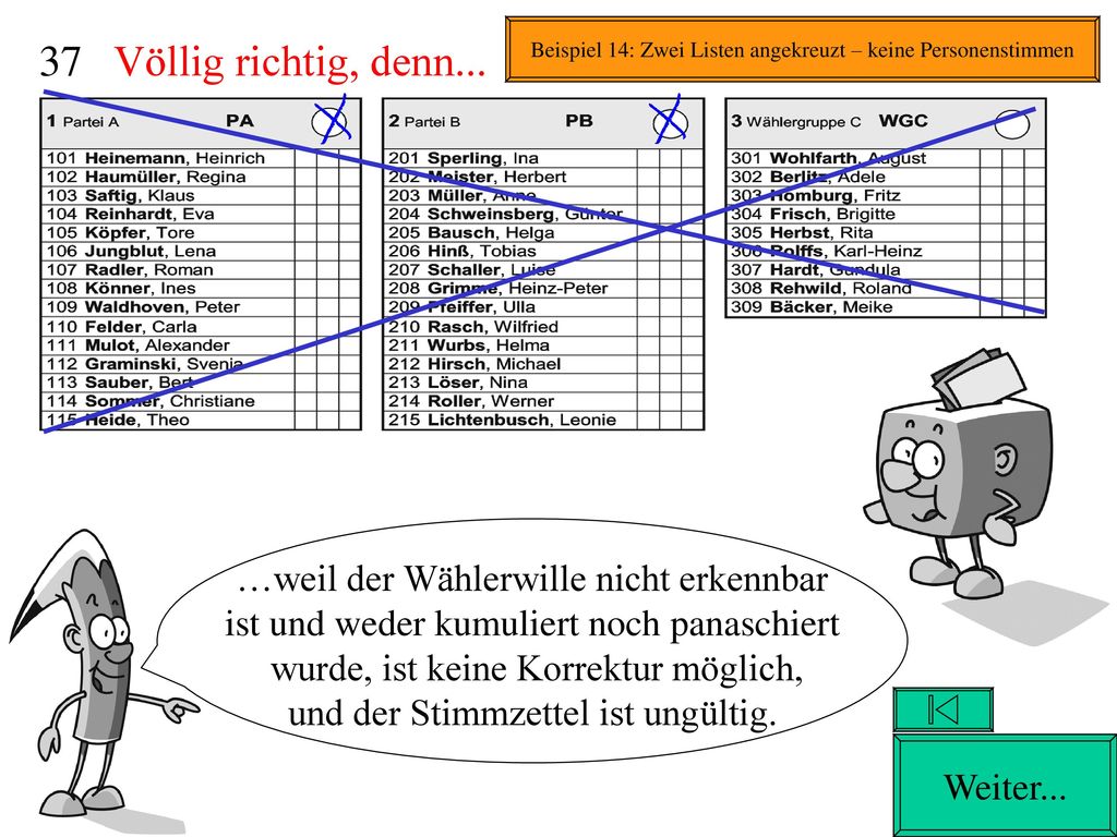 Beispiel 14: Zwei Listen angekreuzt – keine Personenstimmen