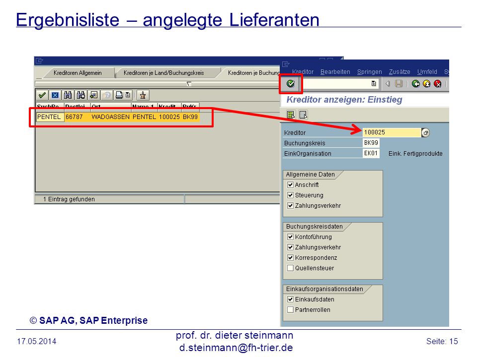 Ergebnisliste – angelegte Lieferanten