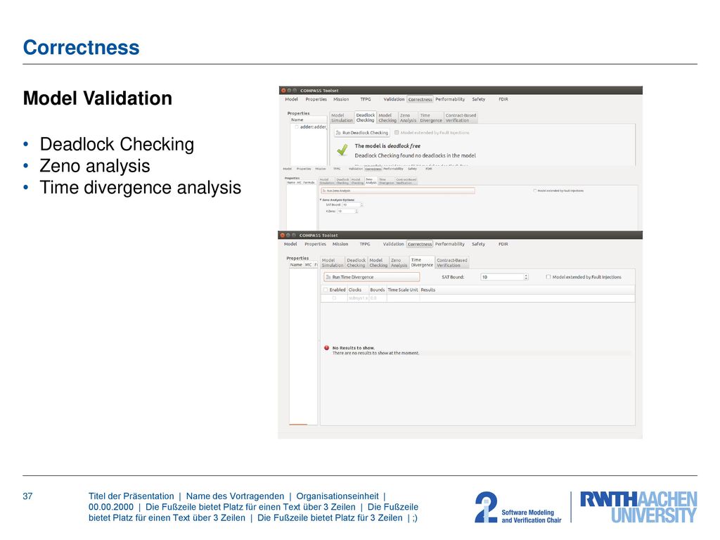 Correctness Model Validation Deadlock Checking Zeno analysis