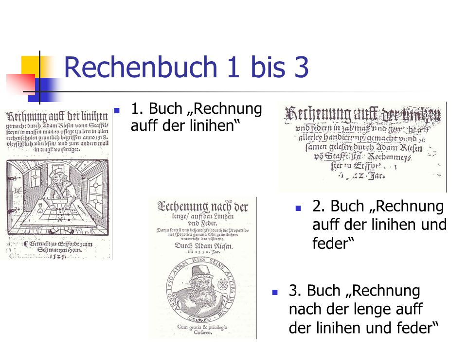 Rechenbuch 1 bis 3 1. Buch „Rechnung auff der linihen