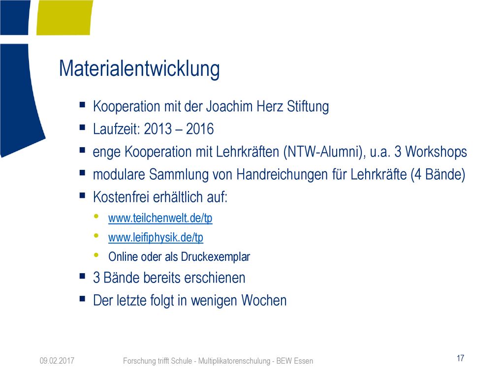 Forschung trifft Schule - Multiplikatorenschulung - BEW Essen