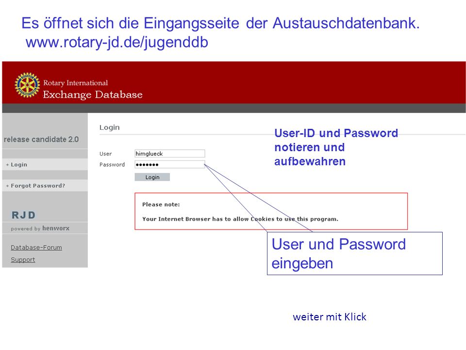 Es öffnet sich die Eingangsseite der Austauschdatenbank.