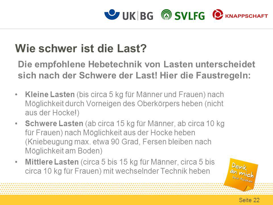 Wie schwer ist die Last Die empfohlene Hebetechnik von Lasten unterscheidet sich nach der Schwere der Last! Hier die Faustregeln: