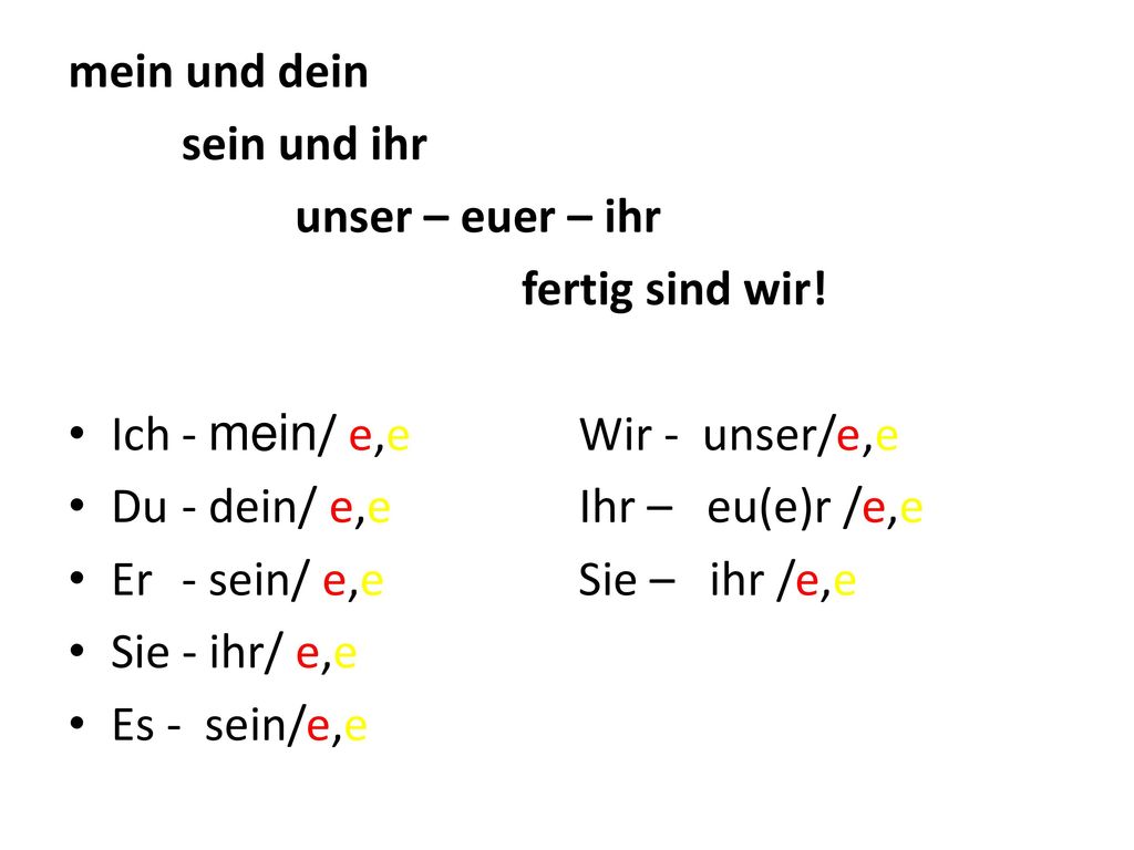 mein und dein sein und ihr. unser – euer – ihr. fertig sind wir! Ich - mein/ e,e Wir - unser/e ,e.
