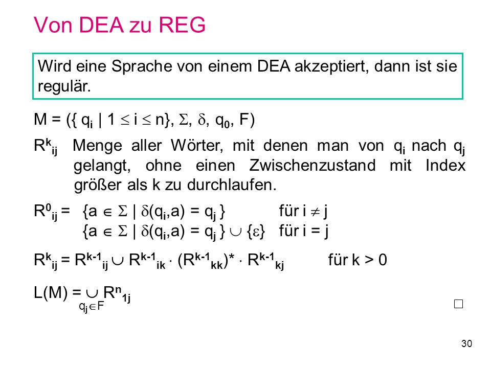 Von DEA zu REG Wird eine Sprache von einem DEA akzeptiert, dann ist sie regulär. M = ({ qi | 1  i  n}, , , q0, F)