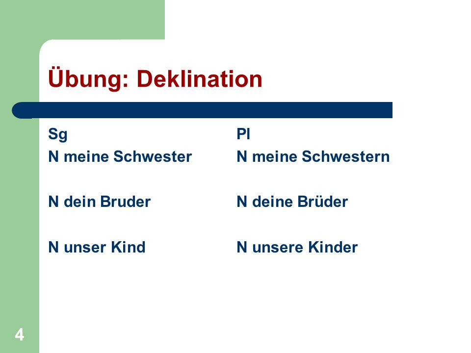 Übung: Deklination Sg Pl N meine Schwester N meine Schwestern