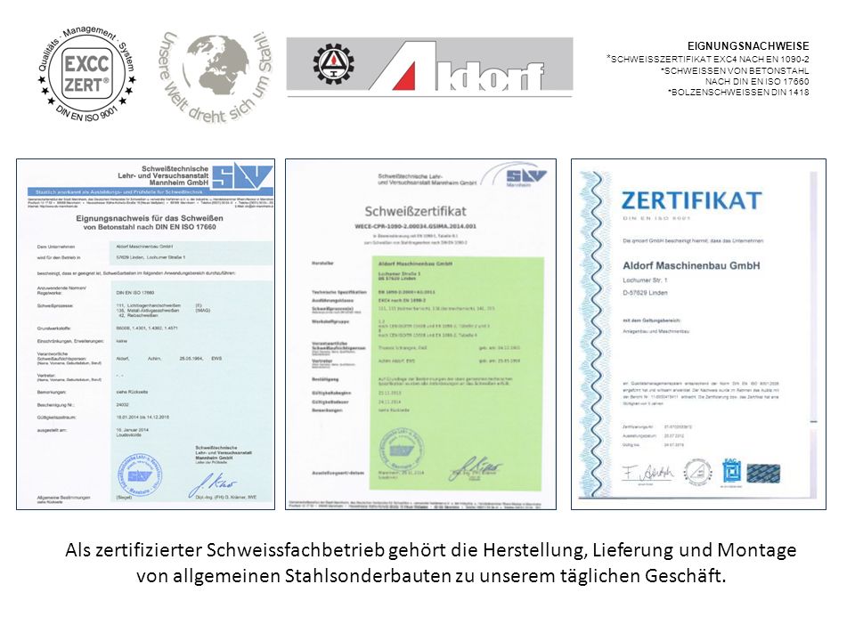 EIGNUNGSNACHWEISE *SCHWEISSZERTIFIKAT EXC4 NACH EN *SCHWEISSEN VON BETONSTAHL. NACH DIN EN ISO
