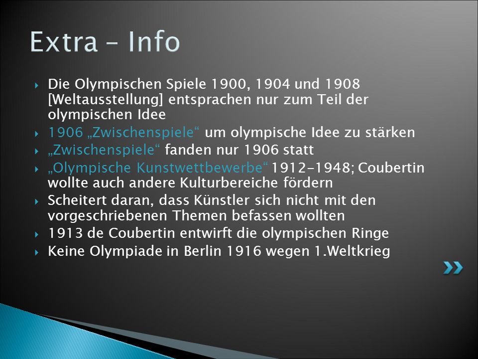 Extra – Info Die Olympischen Spiele 1900, 1904 und 1908 [Weltausstellung] entsprachen nur zum Teil der olympischen Idee.