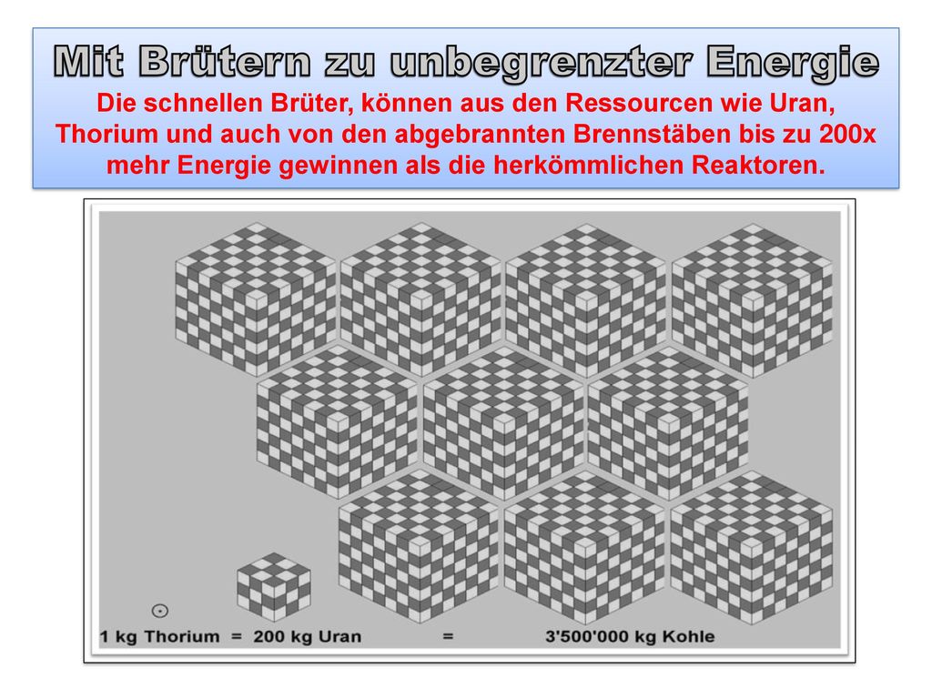 Mit Brütern zu unbegrenzter Energie Die schnellen Brüter, können aus den Ressourcen wie Uran, Thorium und auch von den abgebrannten Brennstäben bis zu 200x mehr Energie gewinnen als die herkömmlichen Reaktoren.
