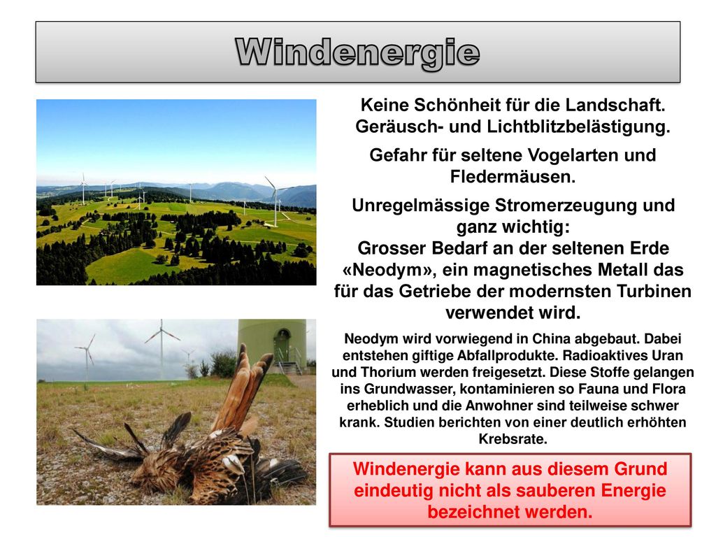 Windenergie Keine Schönheit für die Landschaft. Geräusch- und Lichtblitzbelästigung. Gefahr für seltene Vogelarten und Fledermäusen.