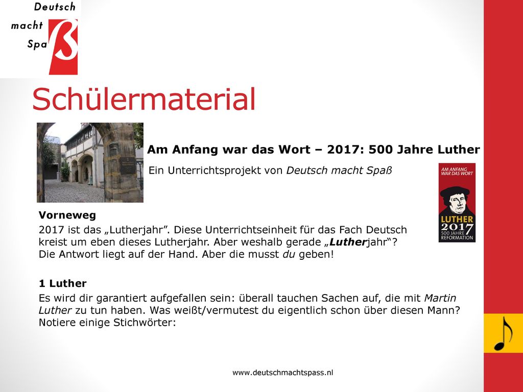 Schülermaterial Am Anfang war das Wort – 2017: 500 Jahre Luther Ein Unterrichtsprojekt von Deutsch macht Spaß.