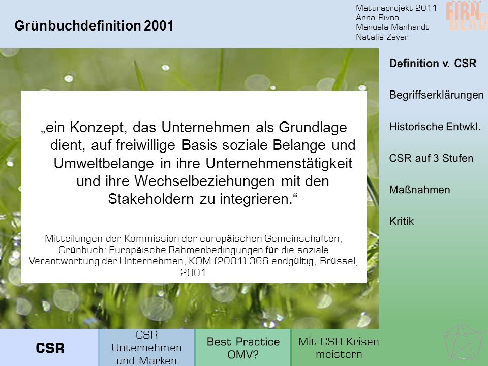 Grünbuchdefinition 2001 Definition v. CSR. Begriffserklärungen. Historische Entwkl. CSR auf 3 Stufen.
