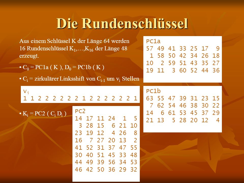 Die Rundenschlüssel Aus einem Schlüssel K der Länge 64 werden 16 Rundenschlüssel K1,…,K16 der Länge 48 erzeugt.