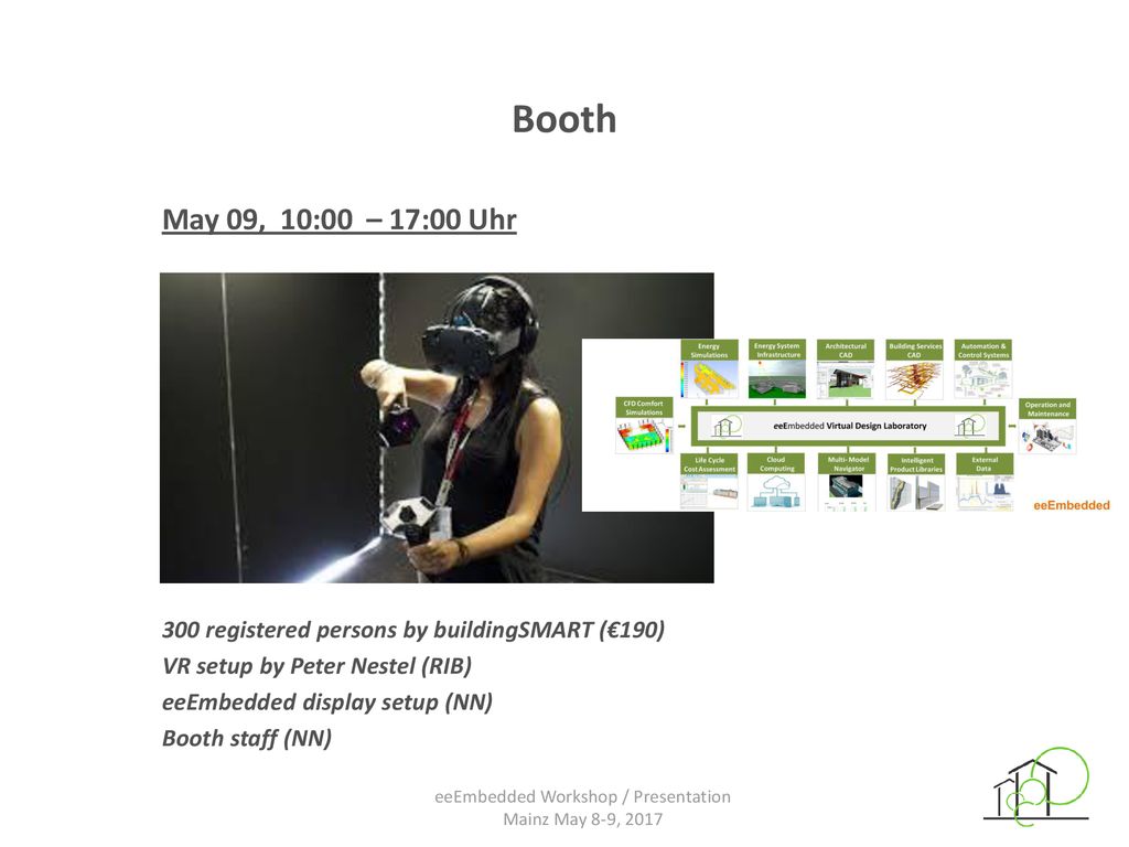Booth May 09, 10:00 – 17:00 Uhr. 300 registered persons by buildingSMART (€190) VR setup by Peter Nestel (RIB)