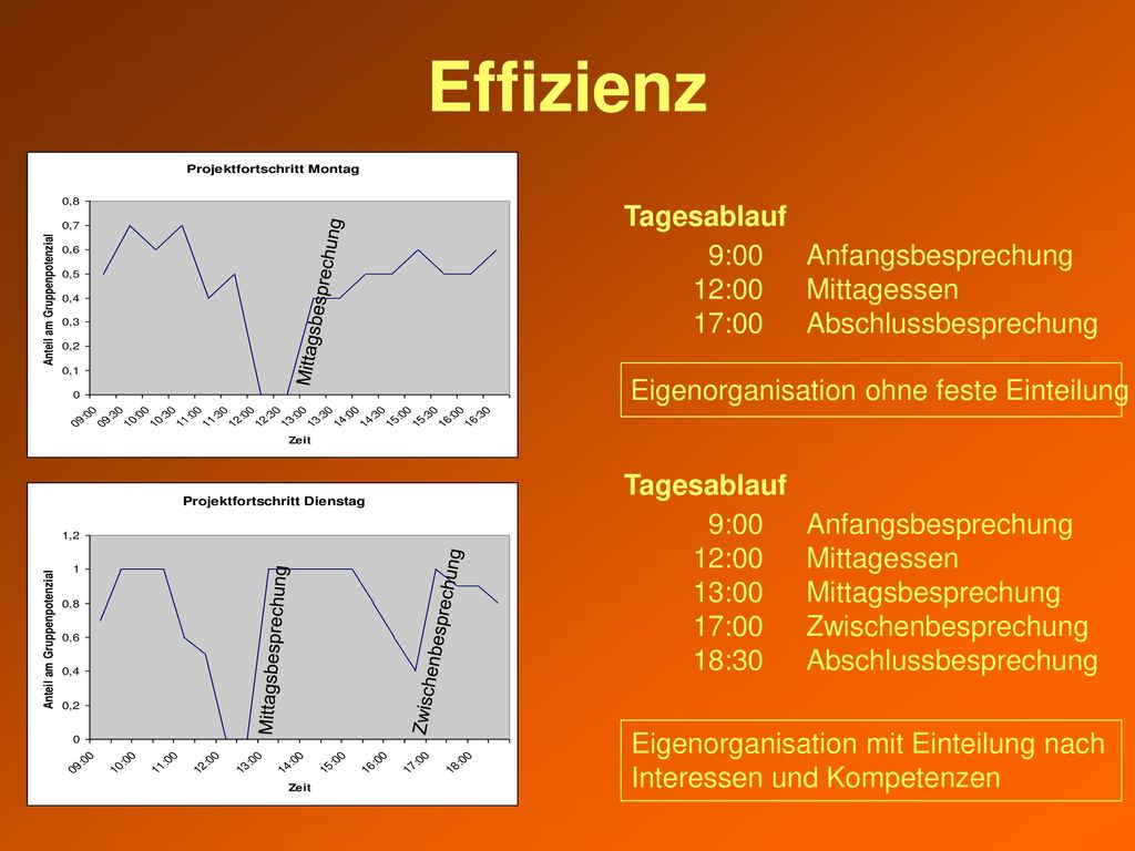 Effizienz Tagesablauf 9:00 Anfangsbesprechung 12:00 Mittagessen