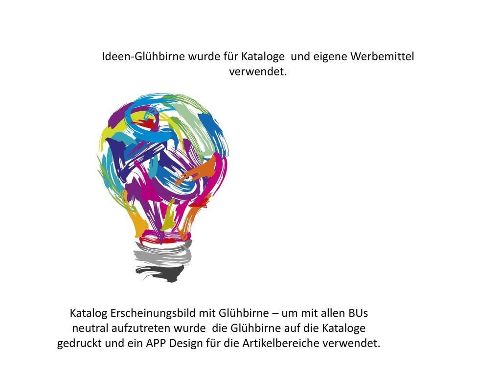 Ideen-Glühbirne wurde für Kataloge und eigene Werbemittel verwendet.