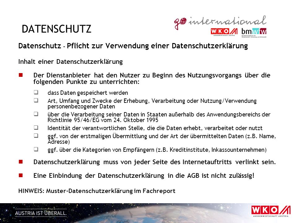 datenschutz Datenschutz - Pflicht zur Verwendung einer Datenschutzerklärung. Inhalt einer Datenschutzerklärung.