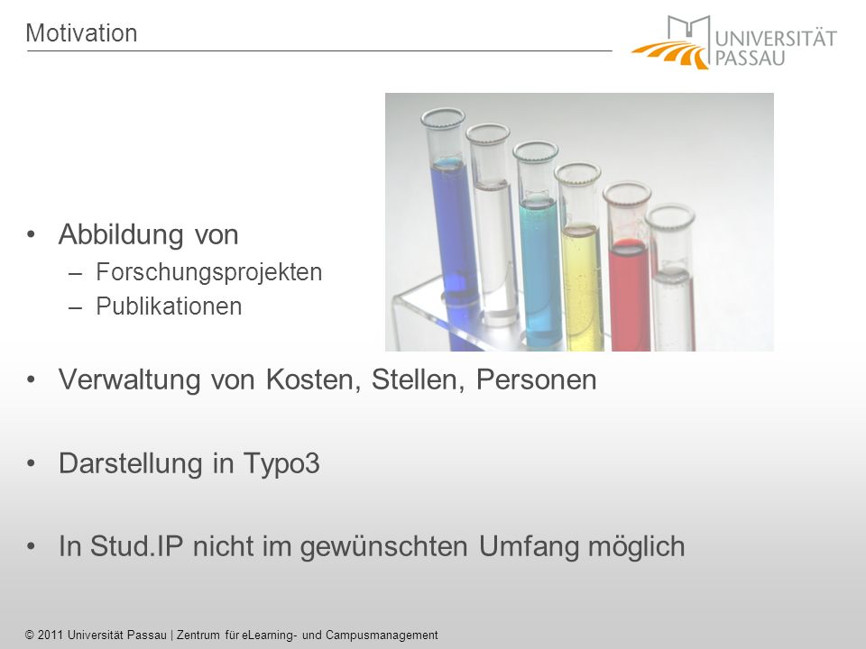 Verwaltung von Kosten, Stellen, Personen Darstellung in Typo3