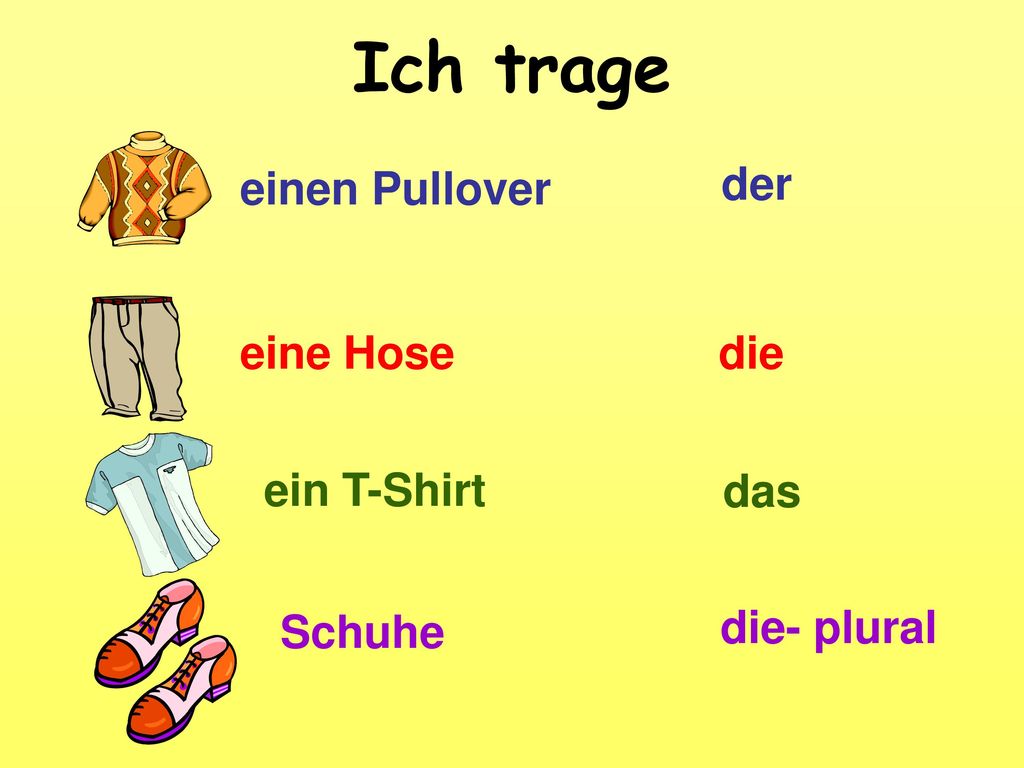 Ich trage einen Pullover der eine Hose die ein T-Shirt das Schuhe