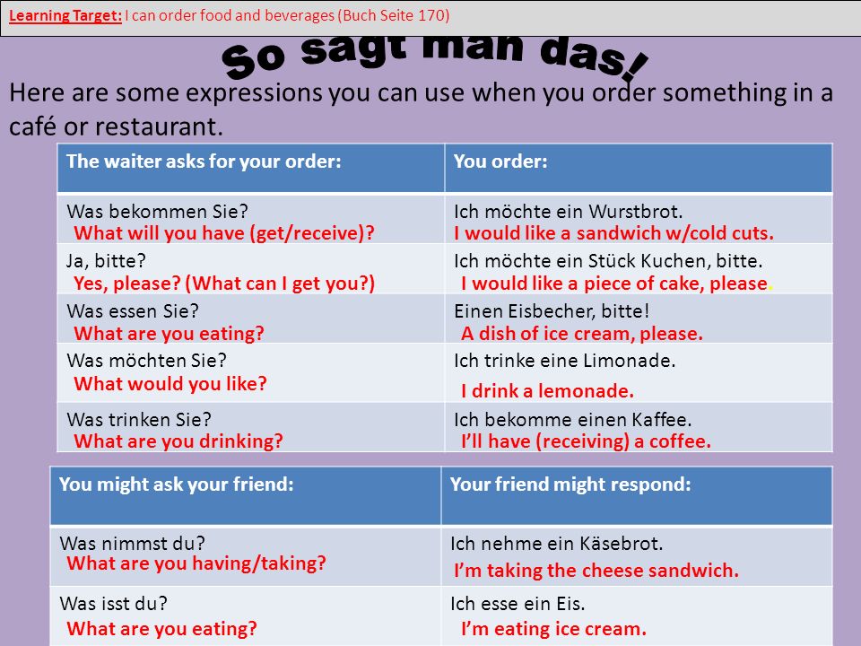 Learning Target: I can order food and beverages (Buch Seite 170)