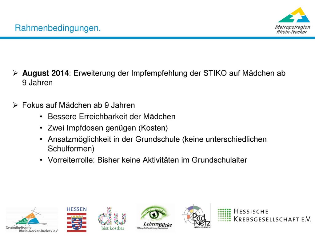 Rahmenbedingungen. August 2014: Erweiterung der Impfempfehlung der STIKO auf Mädchen ab 9 Jahren. Fokus auf Mädchen ab 9 Jahren.