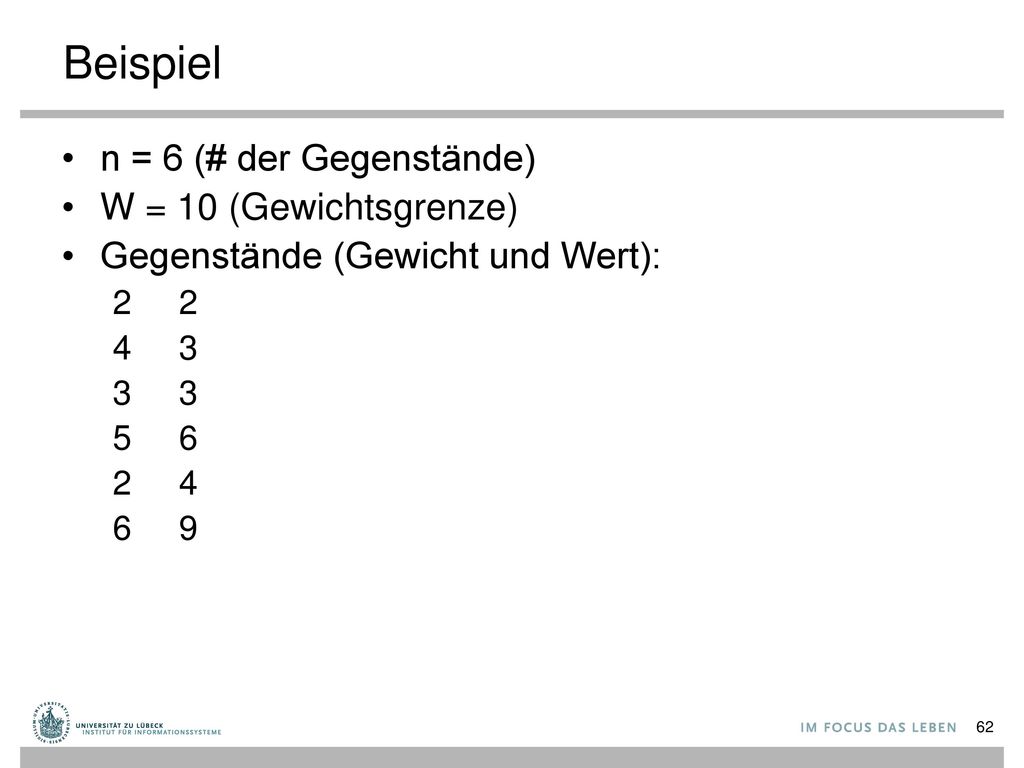 Beispiel n = 6 (# der Gegenstände) W = 10 (Gewichtsgrenze)