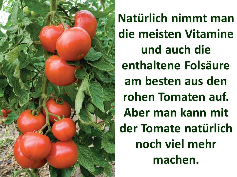 Natürlich nimmt man die meisten Vitamine und auch die enthaltene Folsäure am besten aus den rohen Tomaten auf.