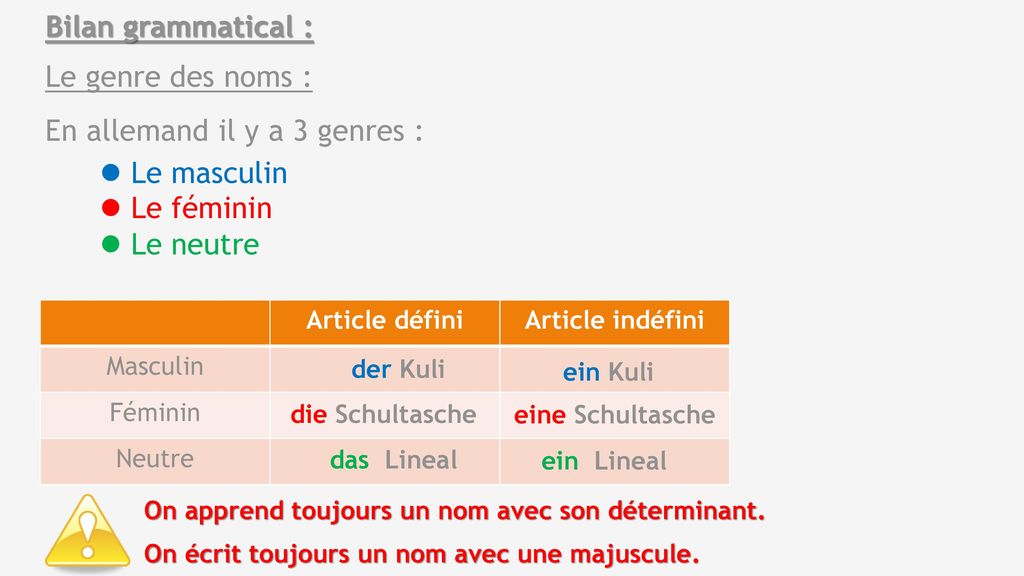 En allemand il y a 3 genres :  Le masculin  Le féminin  Le neutre