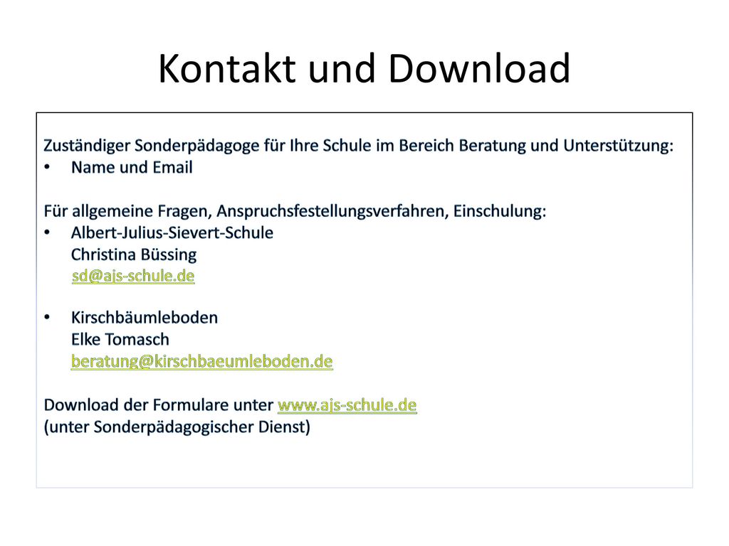 Kontakt und Download Zuständiger Sonderpädagoge für Ihre Schule im Bereich Beratung und Unterstützung:
