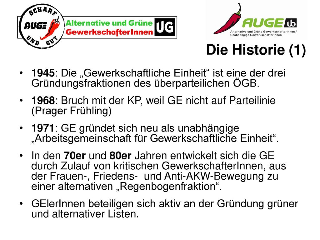 Die Historie (1) 1945: Die „Gewerkschaftliche Einheit ist eine der drei Gründungsfraktionen des überparteilichen ÖGB.