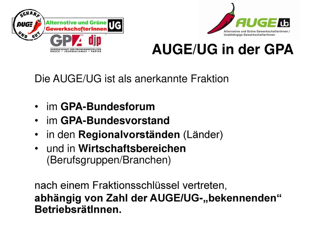 AUGE/UG in der GPA Die AUGE/UG ist als anerkannte Fraktion