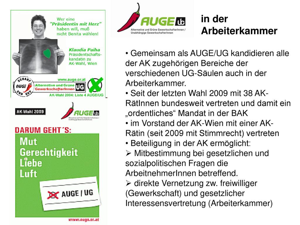 in der Arbeiterkammer Gemeinsam als AUGE/UG kandidieren alle der AK zugehörigen Bereiche der verschiedenen UG-Säulen auch in der Arbeiterkammer.