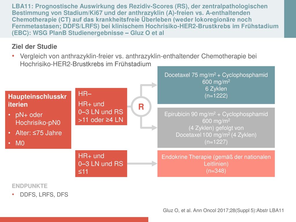LBA11: Prognostische Auswirkung des Rezidiv‑Scores (RS), der zentralpathologischen Bestimmung von Stadium/Ki67 und der anthrazyklin (A)‑freien vs. A‑enthaltenden Chemotherapie (CT) auf das krankheitsfreie Überleben (weder lokoregionäre noch Fernmetastasen; DDFS/LRFS) bei klinischem Hochrisiko‑HER2‑Brustkrebs im Frühstadium (EBC): WSG PlanB Studienergebnisse – Gluz O et al