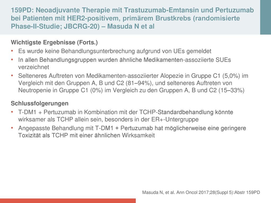 159PD: Neoadjuvante Therapie mit Trastuzumab‑Emtansin und Pertuzumab bei Patienten mit HER2‑positivem, primärem Brustkrebs (randomisierte Phase‑II‑Studie; JBCRG‑20) – Masuda N et al