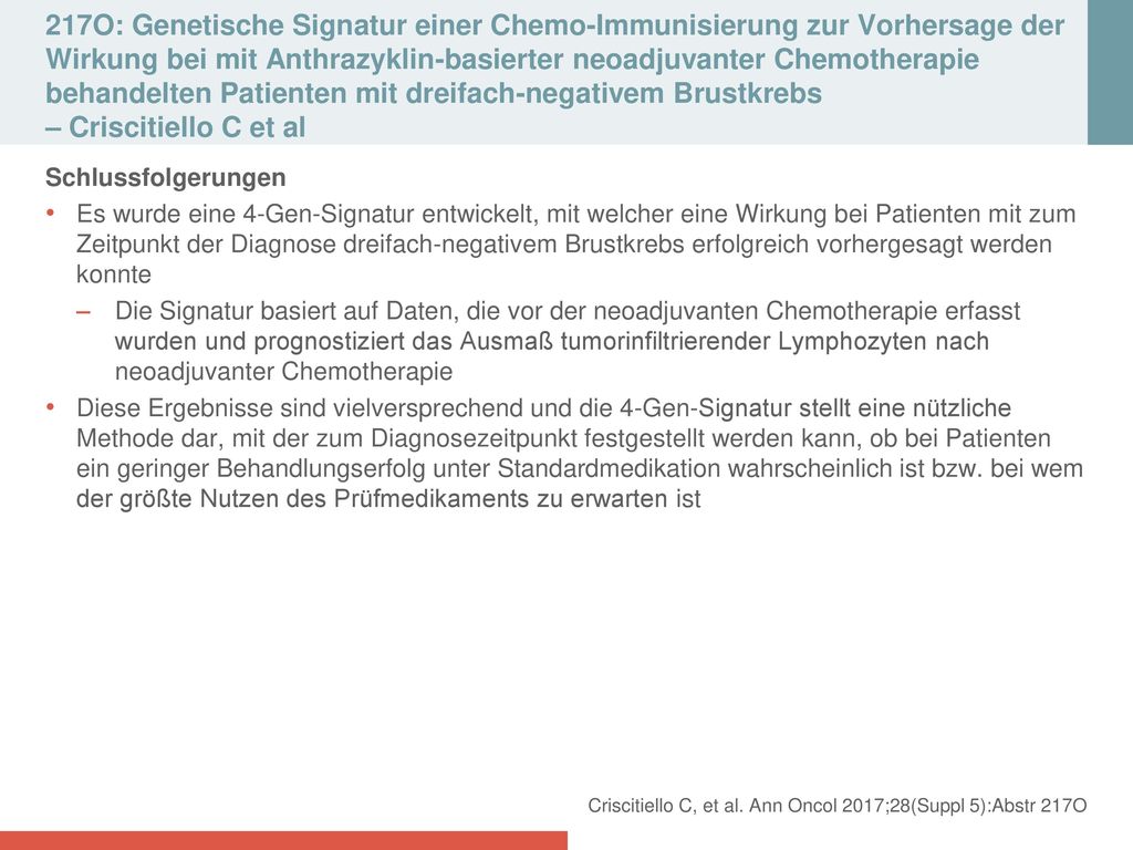 217O: Genetische Signatur einer Chemo‑Immunisierung zur Vorhersage der Wirkung bei mit Anthrazyklin‑basierter neoadjuvanter Chemotherapie behandelten Patienten mit dreifach‑negativem Brustkrebs – Criscitiello C et al