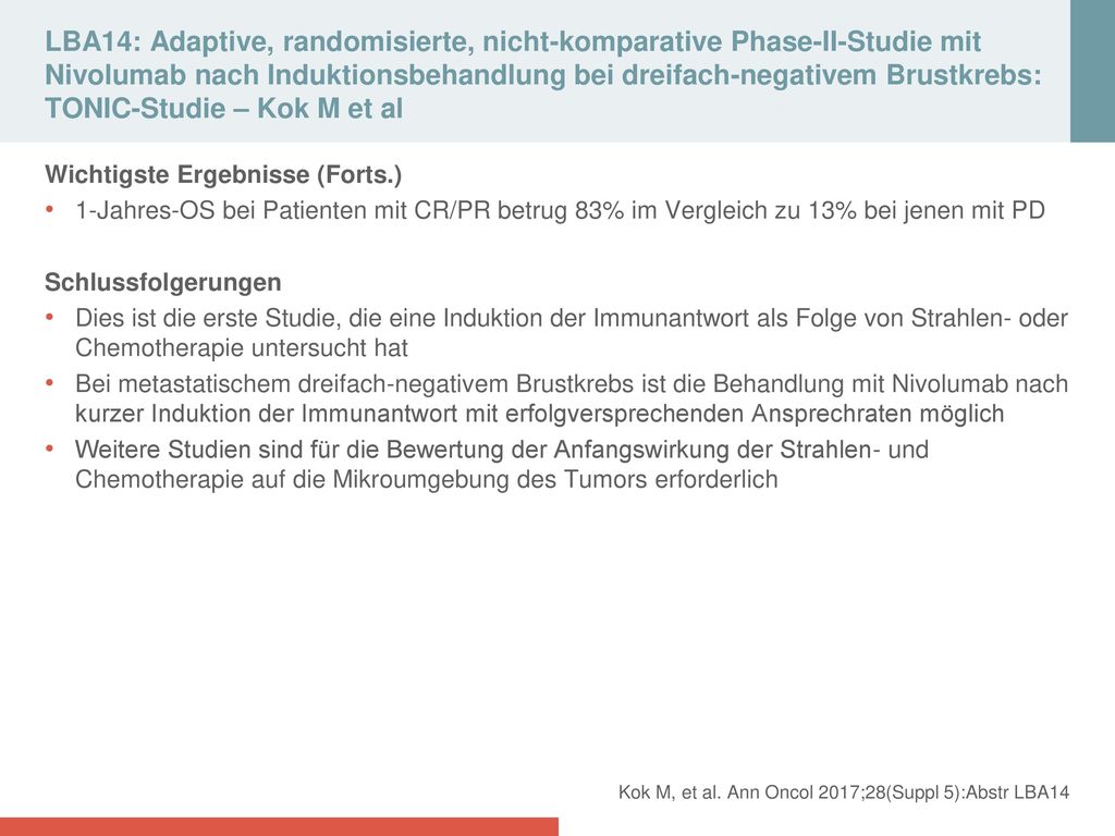 LBA14: Adaptive, randomisierte, nicht‑komparative Phase‑II‑Studie mit Nivolumab nach Induktionsbehandlung bei dreifach‑negativem Brustkrebs: TONIC-Studie – Kok M et al