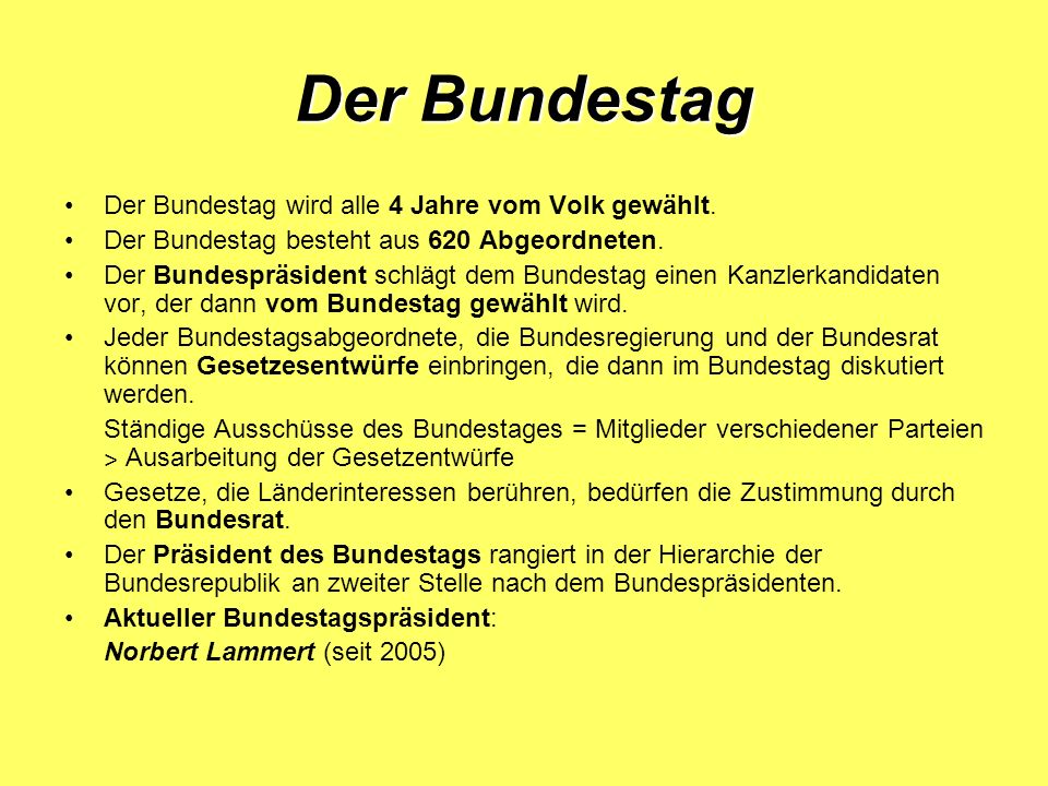 Der Bundestag Der Bundestag wird alle 4 Jahre vom Volk gewählt.