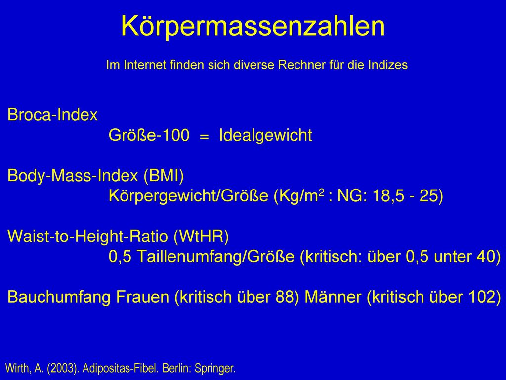 Körpermassenzahlen Im Internet finden sich diverse Rechner für die Indizes