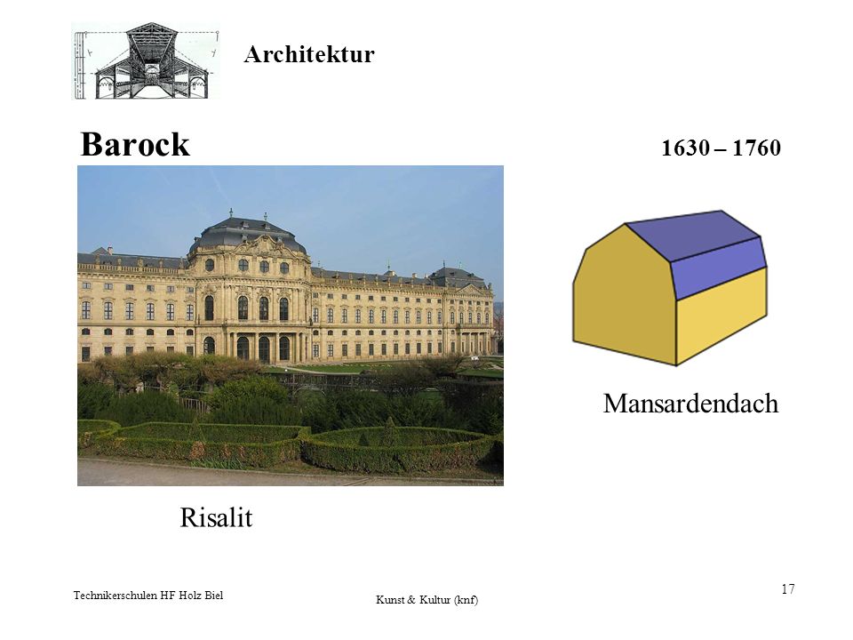 Barock 1630 – 1760 Mansardendach Risalit Technikerschulen HF Holz Biel