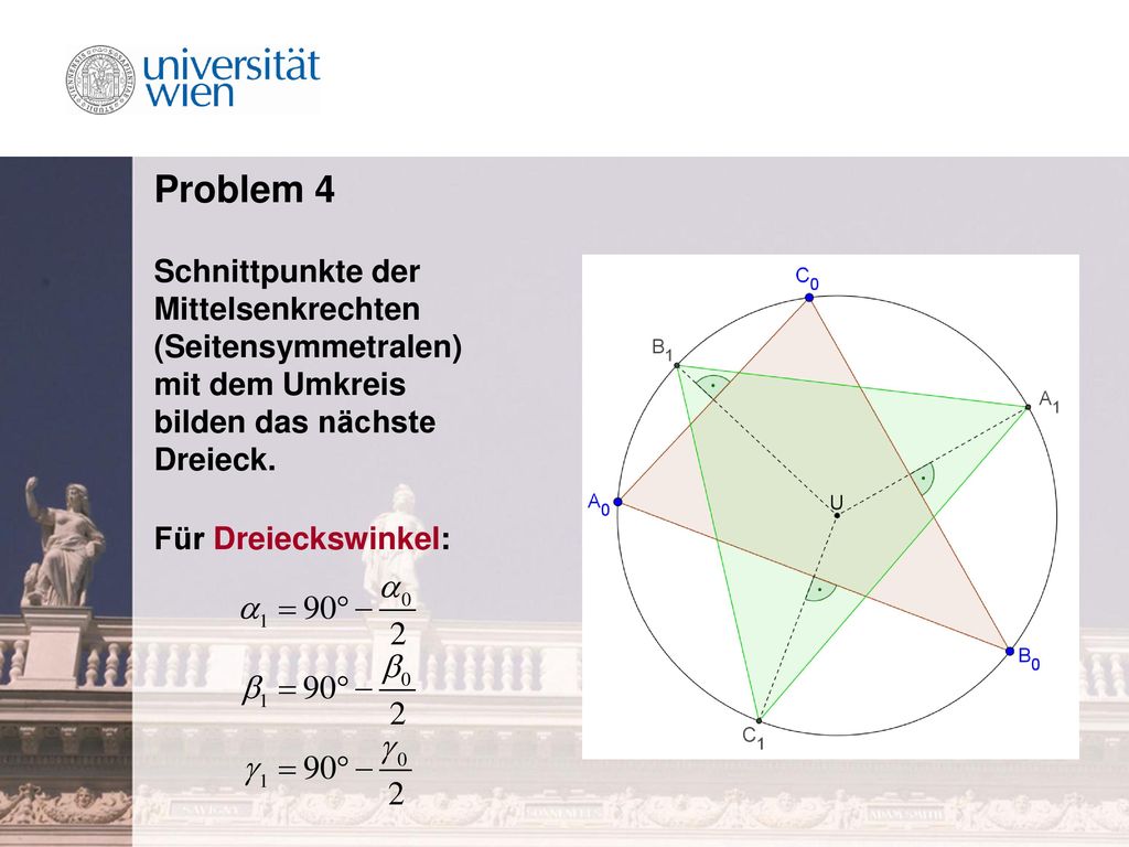 Problem 4 Schnittpunkte der Mittelsenkrechten (Seitensymmetralen) mit dem Umkreis bilden das nächste Dreieck.
