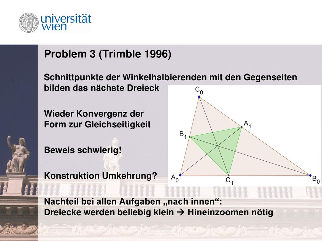 Problem 3 (Trimble 1996) Schnittpunkte der Winkelhalbierenden mit den Gegenseiten bilden das nächste Dreieck.