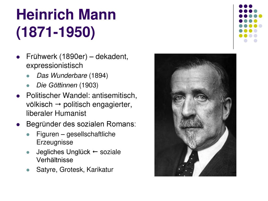 Heinrich Mann ( ) Frühwerk (1890er) – dekadent, expressionistisch. Das Wunderbare (1894) Die Göttinnen (1903)